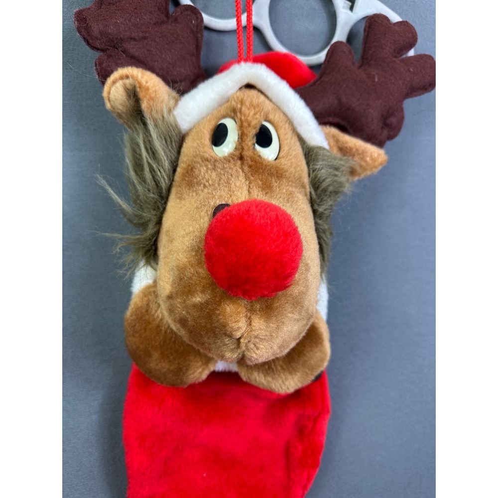 Vintage Plush Reindeer‎ Christmas Stocking Red 3D Rudolph Holiday Decor 22 Inch